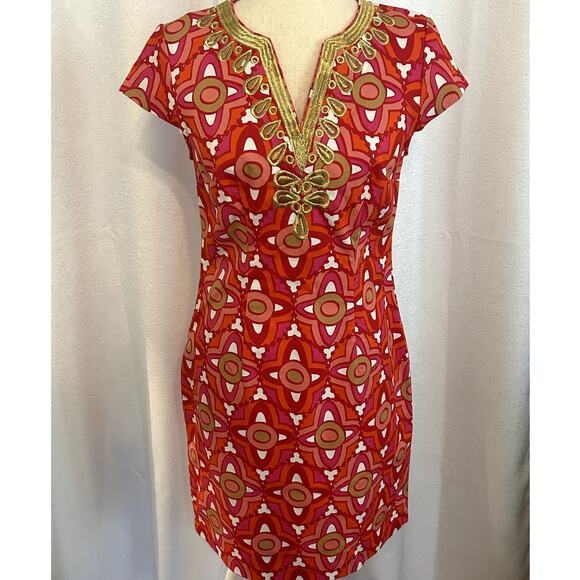Mud Pie Red/Pink Gold Embroidered V Neck Cap Sleeve Dress Size SM (4/6) - Picture 1 of 8
